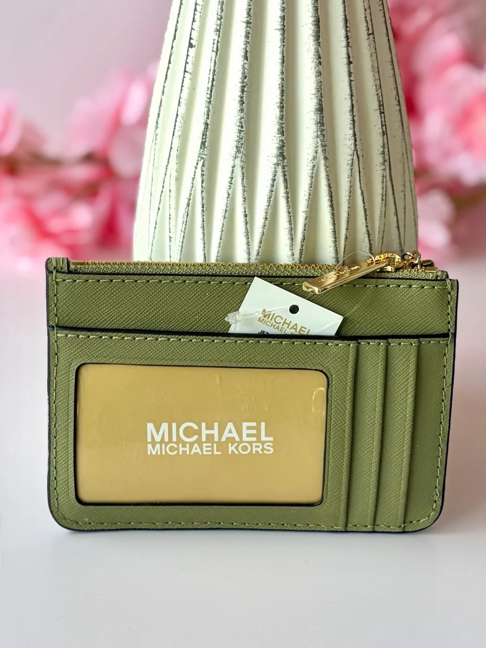 Michael Kors Olive Green Saffiano Cardholder Small Wallet with Gold Keyring
